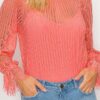 Lace-Trim Shadow Stripe Bodysuit, Long Sleeve – Coral
