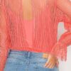 Lace-Trim Shadow Stripe Bodysuit, Long Sleeve – Coral