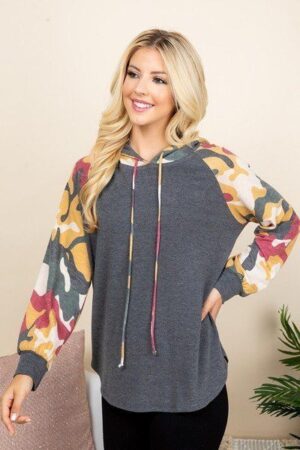 French Terry Hoodie with Army Camo Sleeves – Charcoal
