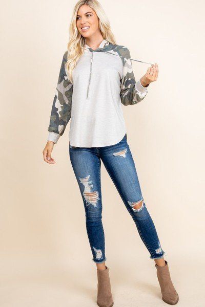 French Terry Hoodie with Army Camo Sleeves - Oat