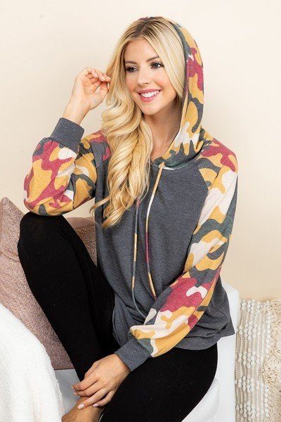 French Terry Hoodie with Army Camo Sleeves – Charcoal