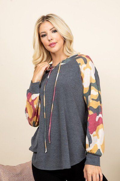 French Terry Hoodie with Army Camo Sleeves – Charcoal