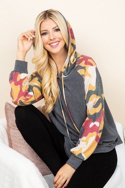 French Terry Hoodie with Army Camo Sleeves – Charcoal