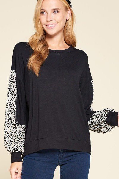 City Chic Jersey Top with Balloon Sleeves – Black/Ivory