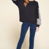 City Chic Jersey Top with Balloon Sleeves – Black/Ivory