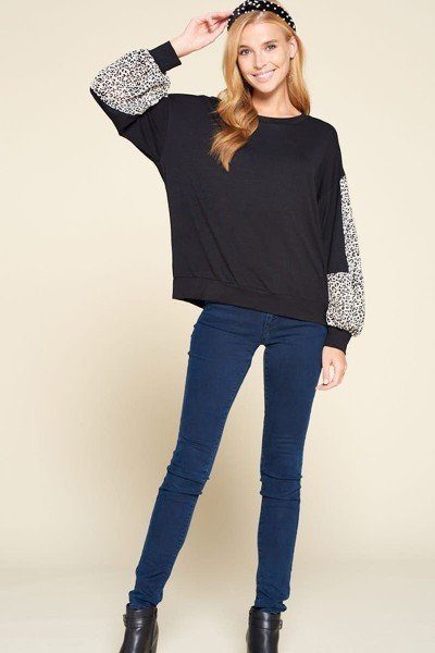 City Chic Jersey Top with Balloon Sleeves – Black/Ivory