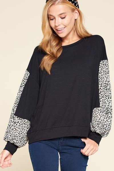 City Chic Jersey Top with Balloon Sleeves – Black/Ivory