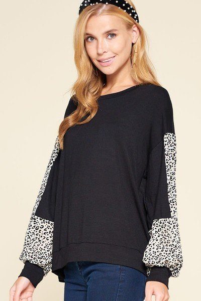 City Chic Jersey Top with Balloon Sleeves – Black/Ivory