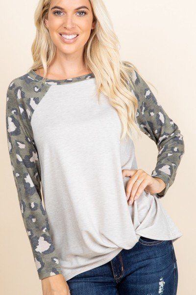 French Terry Side Twist Top with Animal-Print Sleeves – Oat