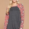 French Terry Side Twist Top with Animal-Print Sleeves – Charcoal/Red