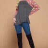 French Terry Side Twist Top with Animal-Print Sleeves – Charcoal/Red