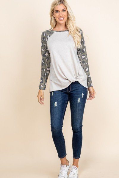 French Terry Side Twist Top with Animal-Print Sleeves – Oat
