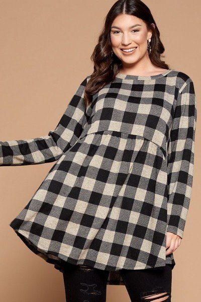 Soft Knit Buffalo Plaid Babydoll Tunic – Grey/Black