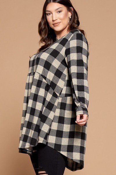 Soft Knit Buffalo Plaid Babydoll Tunic – Grey/Black
