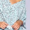 Leopard & Letter Knit V-Neck Top – Mint/Blue