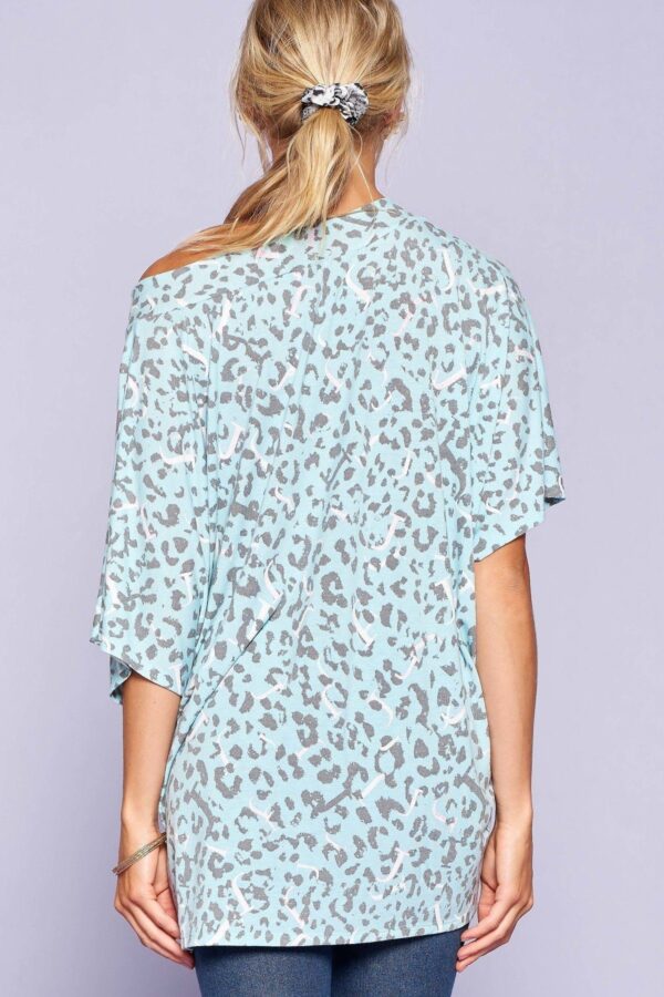 Leopard & Letter Knit V-Neck Top – Mint/Blue