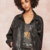 Faux Leather Jacket with Bandana-Print Back – Black