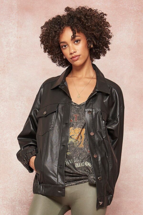 Faux Leather Jacket with Bandana-Print Back – Black