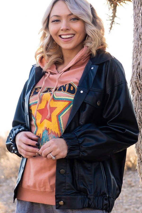 Faux Leather Jacket with Bandana-Print Back – Black