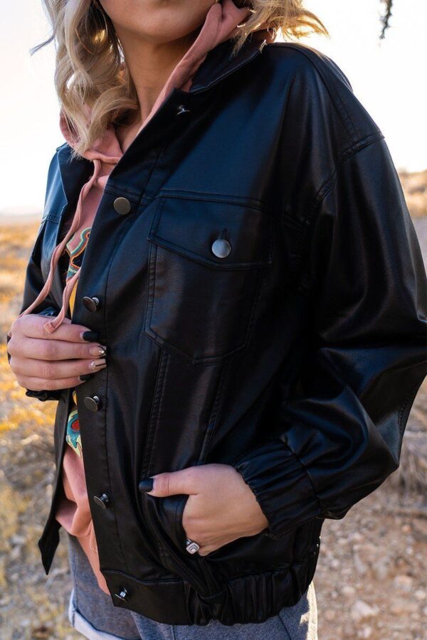 Faux Leather Jacket with Bandana-Print Back – Black