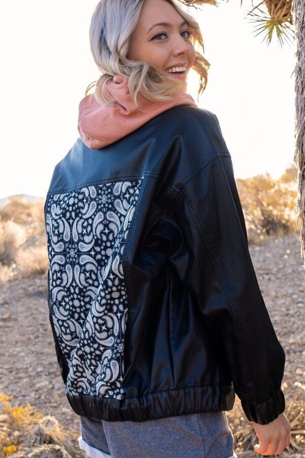 Faux Leather Jacket with Bandana-Print Back – Black