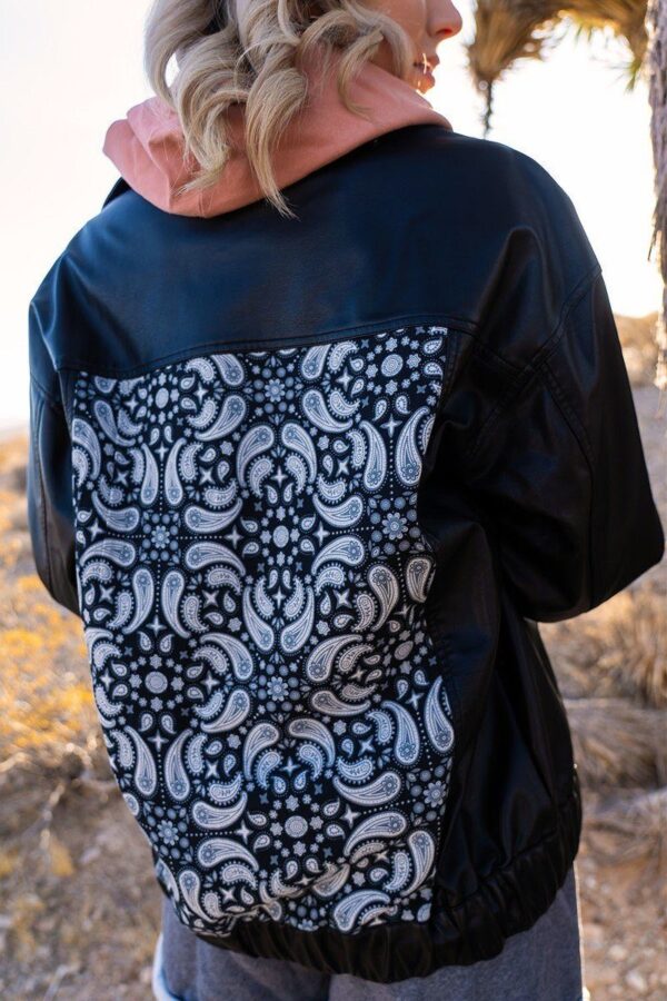 Faux Leather Jacket with Bandana-Print Back – Black