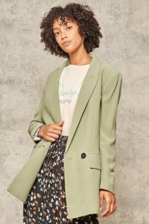 Relaxed Double-Breasted Woven Blazer – Pesto