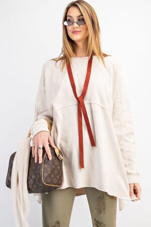 Terry Knit Pullover Tunic with Side Slits – Khaki