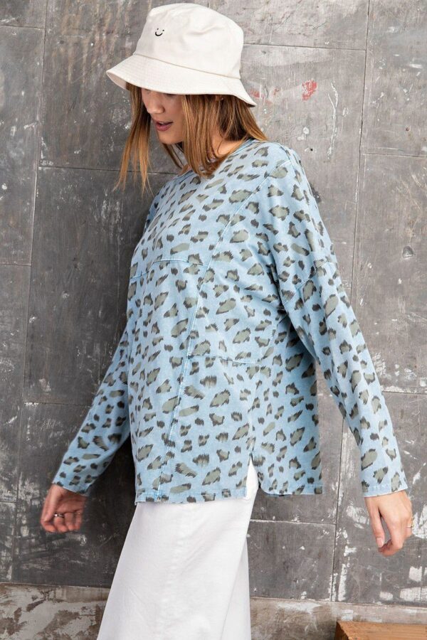 Leopard Print Garment Dye Loose Knit Top – Faded Blue