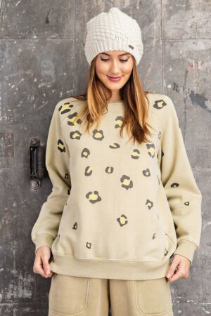 Long Sleeve Washed Terry Leopard Print Sweatshirt – Khaki