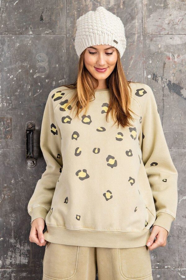 Long Sleeve Washed Terry Leopard Print Sweatshirt – Khaki