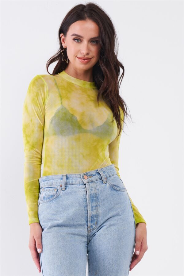 Neon Green Sheer Mesh Mock Neck Bodysuit