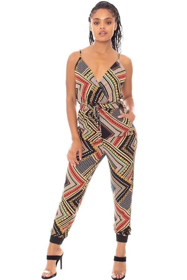 Border-Print Wrap Jumpsuit with Drawstring Waist