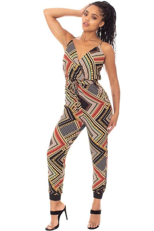 Border-Print Wrap Jumpsuit with Drawstring Waist