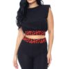 Leopard-Detail Shoulder Pad Biker Shorts Set – Black/Red