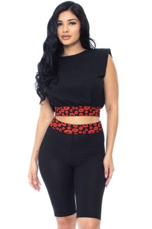 Leopard-Detail Shoulder Pad Biker Shorts Set – Black/Red