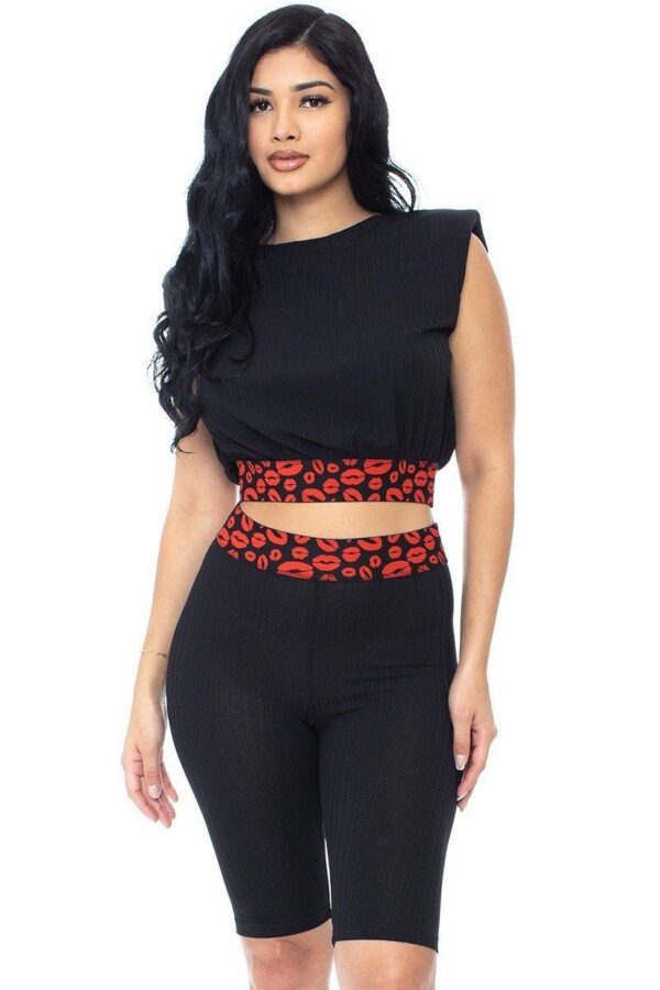 Leopard-Detail Shoulder Pad Biker Shorts Set – Black/Red