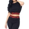 Leopard-Detail Shoulder Pad Biker Shorts Set – Black/Red