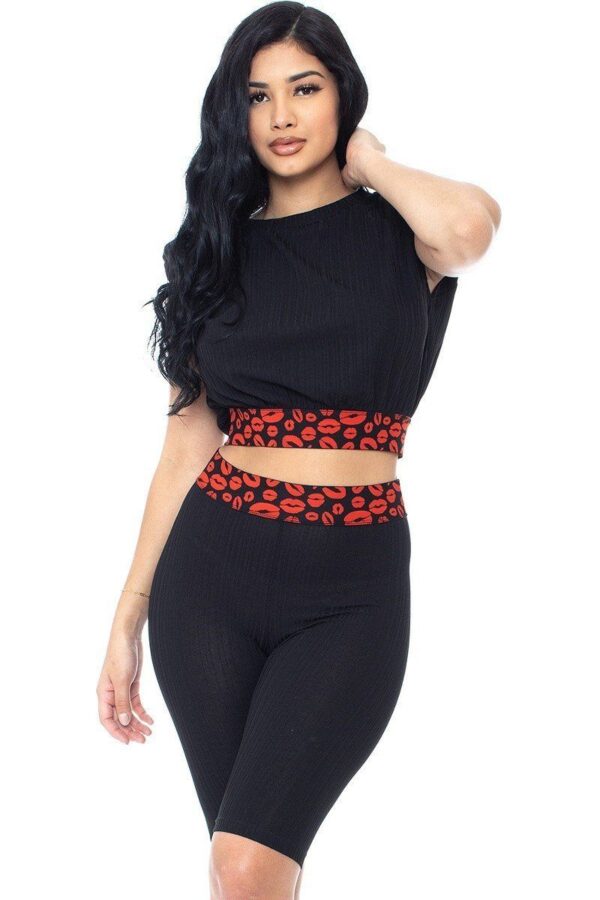 Leopard-Detail Shoulder Pad Biker Shorts Set – Black/Red