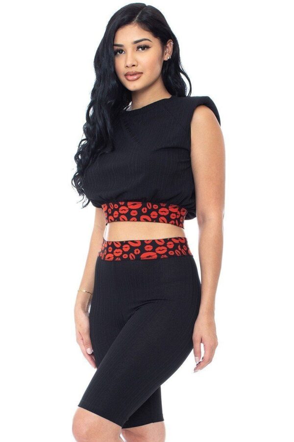 Leopard-Detail Shoulder Pad Biker Shorts Set – Black/Red