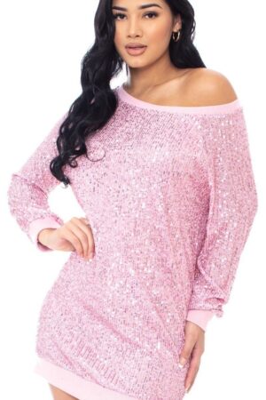 Sequin Boxy Mini Dress – Wide Neck One-Shoulder (Blush)