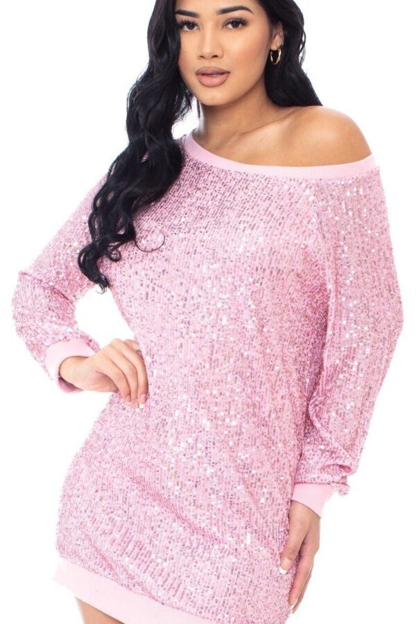 Sequin Boxy Mini Dress – Wide Neck One-Shoulder (Blush)