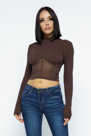 Knit Crop Top with Mesh Hem Detail – Chocolate