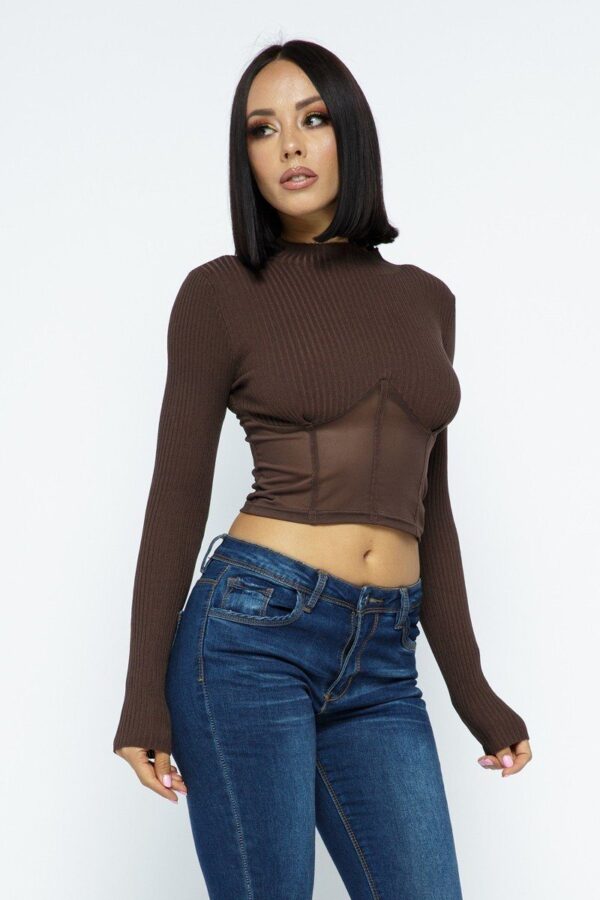 Knit Crop Top with Mesh Hem Detail – Chocolate