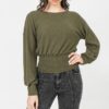 Knit Top with Wide Neckline and Smocked Waist – Olive