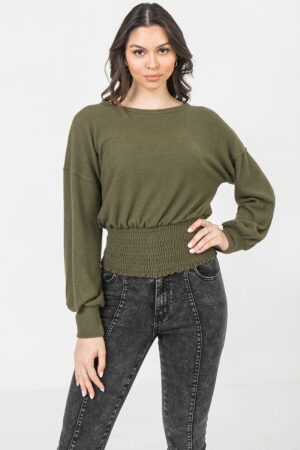 Knit Top with Wide Neckline and Smocked Waist – Olive