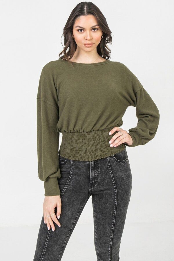Knit Top with Wide Neckline and Smocked Waist – Olive