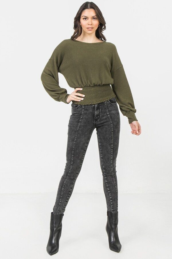 Knit Top with Wide Neckline and Smocked Waist – Olive
