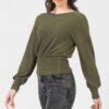 Knit Top with Wide Neckline and Smocked Waist – Olive