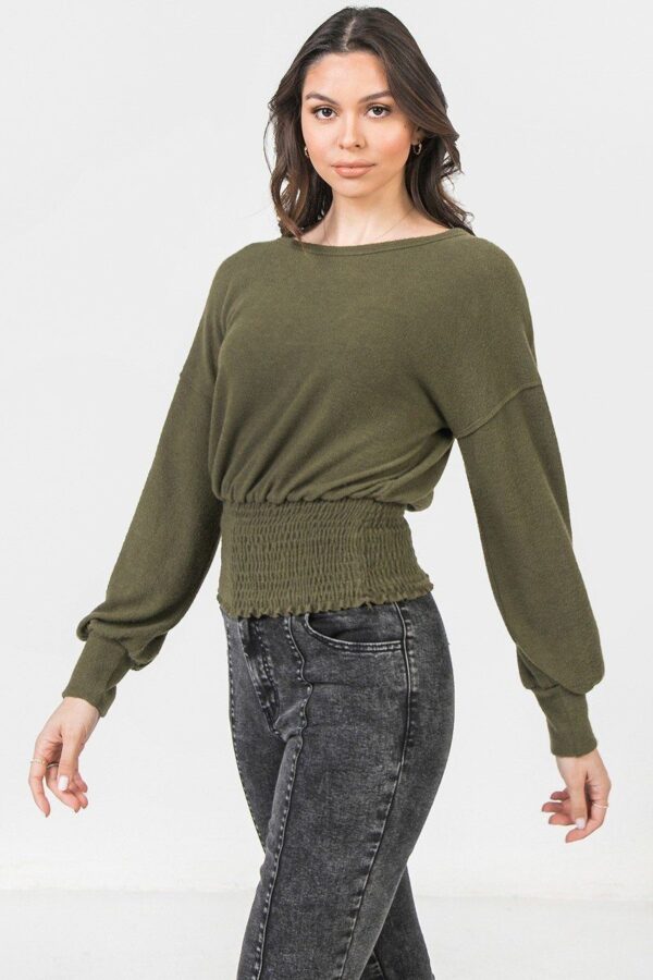 Knit Top with Wide Neckline and Smocked Waist – Olive